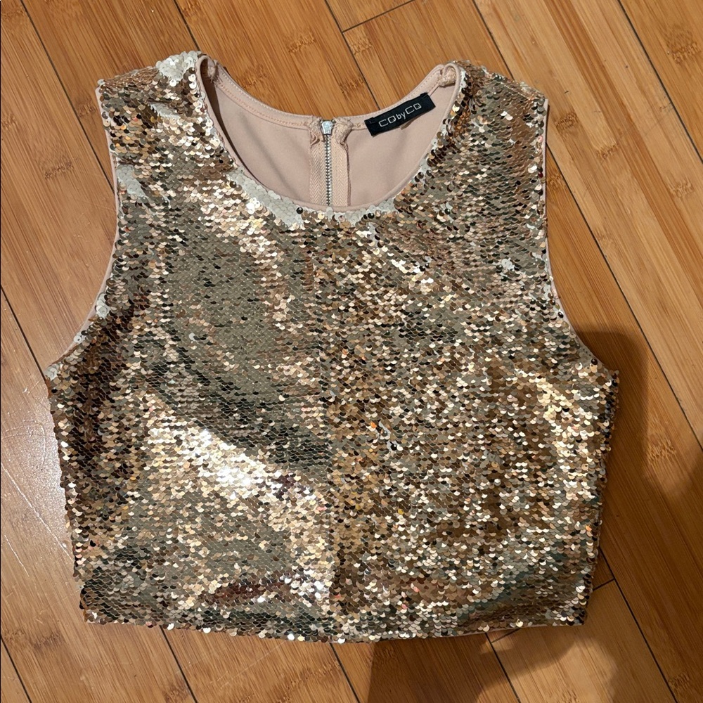 Golden Bronze Sequin Sleeveless Cropped Tank Top - S